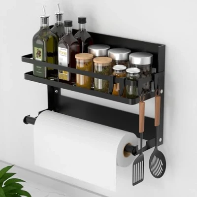 Afbeelding van DUNSOO Kruidenrek voor aan de muur met keukenrolhouder en 4 haken, keukenrek zonder boren van roestvrij staal, hangend wandrek keuken badkamer, organizer, zwart