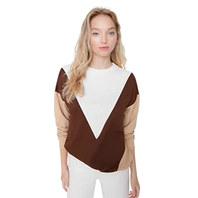 Afbeelding van Trendyol Dames Crew Neck Colorblock getailleerd sweatshirt, bruin, XL, BRON, XL