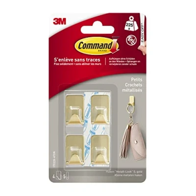 Afbeelding van Command Metalen haken maat S, goudkleur, 4 zelfklevende en 5 plakstrips voor het ophangen van tassen, kleding sleutels muur deur, organiseren zonder boren, houdt 225 g