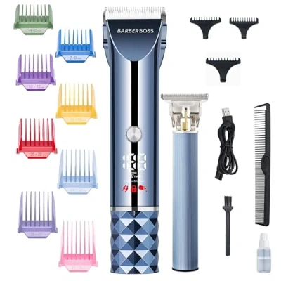 Afbeelding van Barberboss tondeuse, baard en haartrimmerset voor heren, T mestrimmer van keramiek titanium, kammen in 8 kleuren, draadloos, opladen via USB, QR 2681