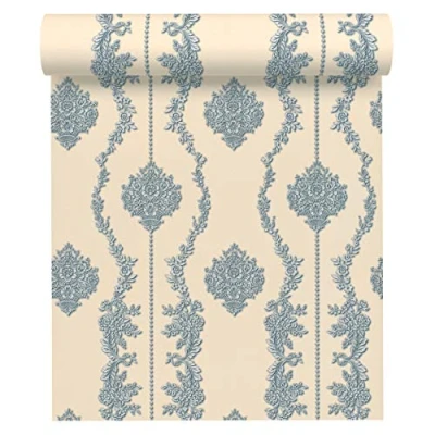 Afbeelding van KLASSIEK ORNAMENTEN BEHANG Franse Stijl blauw zilver beige A.S. Création Château 5