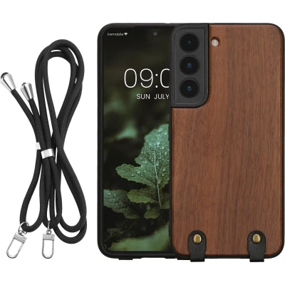Afbeelding van kwmobile Houten telefoonhoes met koord geschikt voor Samsung Galaxy S22 hoesje telefoonkoord donkerbruin