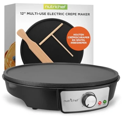Afbeelding van Elektrische bakplaat crêpe maker kookplaat non stick 12 inch aluminium met led indicatielampjes houten spatel en beslagspreider inbegrepen NutriChef PCRM12EU