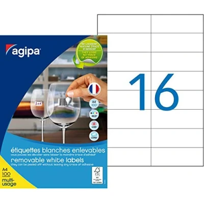 Afbeelding van Agipa 101164 multifunctionele etiketten, verwijderbaar, rechte hoeken, 105 x 37 mm, wit, 1600 stuks