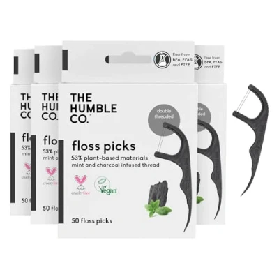 Afbeelding van The Humble Co. Plant Based Floss PicksCharcoal Milieuvriendelijk, Veganistisch voor uw dagelijkse mondverzorging Tandarts goedgekeurd Verwijdert Plaque en geeft een fris gevoel (4 x 50p)
