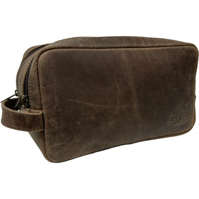 Afbeelding van SEDNA vintage 100% hunter leren toilettas met 2 vakken en YKK ritsen.