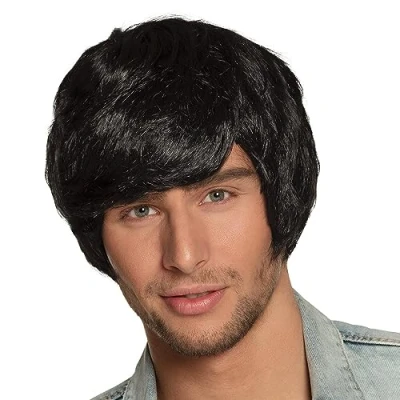 Afbeelding van Boland Pruik Tyler Zwart Steil Kort Mannen 60&#039;s &amp; 70&#039;s Hippie Flower Power