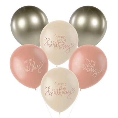 Afbeelding van Folat Crème rose ballonnen happy birthday 6 stuks