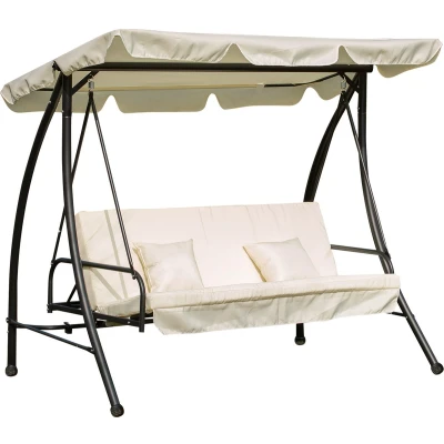 Afbeelding van Outsunny Hollywoodschommel tuinschommel schommel schommelbank met ligfunctie, 3 zits, metaal + polyester, wit, 200 x 125 170 cm