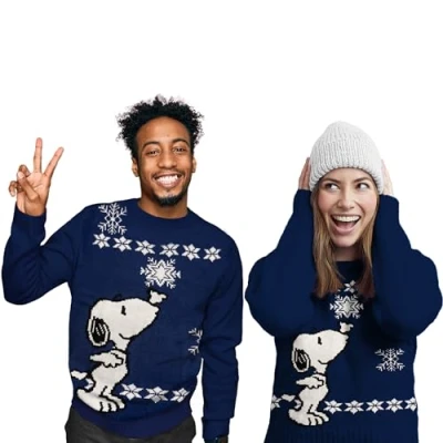 Afbeelding van The Peanuts Kersttrui Snoopy, uniseks, gebreide wintertrui, sweatshirt, lelijke kersttrui, kerstmis, voor heren en dames, blauw, S