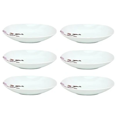 Afbeelding van van Well Kyoto, set 6 soepborden, menuborden, 450 ml, 215 x mm, saladeborden, serveerschaal, porseleinen servies, orchidee, roze rood,