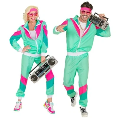 Afbeelding van Widmann Jaren 80 &amp; 90 Kostuum Uit Je Dak Met Een Fout Retro Trainingspak Groen Groen, Roze Small Carnavalskleding Verkleedkleding