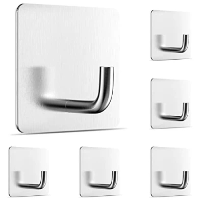 Afbeelding van Newaner Handdoekhaken, 6 stuks, roestvrij staal, wandhaken, haken, zelfklevend, badkamer en keuken, handdoekhouder, kledinghaken, zonder boren, voor thuis, badkamer, kantoor, kast, zilver