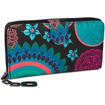 Afbeelding van styleBREAKER portemonnee met etnobloem en bloesemmotief, vintage ontwerp, rits, portemonnee, dames 02040040, Kleur:Zwart Turkoois Blauw