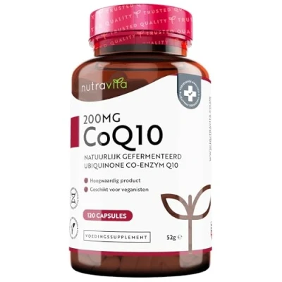 Afbeelding van CoQ10 200mg 120 Veganistische Capsules van Hoog Sterkte Co enzym Q10 (4 maanden voorraad) 100% Puur en Natuurlijk Gefermenteerd Ubiquinone Geen Synthetische Toevoegingen Nutravita