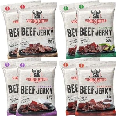 Afbeelding van Viking Bites Beef Jerky Mischkarton 400g (8 x 50g) 2x Original, Jalapeno, Barbecue, Teriyaki Getrocknetes Rindfleisch Fleischsnack mit hohem Proteingehalt
