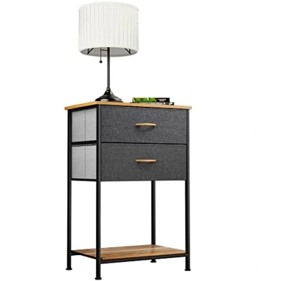 Afbeelding van YITAHOME Ladekast stoffen dressoir met 2 laden, organizerunit voor slaapkamer, woonkamer, hal, kasten en kinderkamer stevig stalen frame, houten top gemakkelijk trekstoffen bakken (grijs zwart)