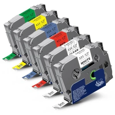 Afbeelding van 6x Labelwell compatibele 9 mm labeltape voor Brother TZe 221 121 421 521 621 721 Tape P touch PT H107B H105 H100 H110 P710BT E110 E100 D400 D210VP