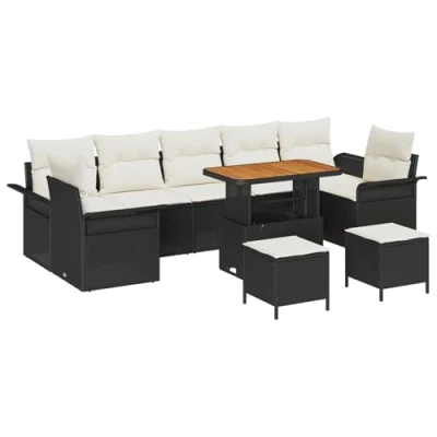 Afbeelding van vidaXL 10 delige Tuin Sofa Set met Kussens Zwart Poly Rattan Acacia, 2 zits Opslag &amp; Rattan, 3 Eet Acacia