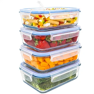 Afbeelding van LG Luxury &amp; Grace 4 Pak Glazen Voedselcontainer 1000 ml. Luchtdicht en Afsluitbaar Stoomventiel. Bewaarbakje Geschikt voor de Magnetron, Oven, Vaatwasmachine Diepvries. BPA vrij.