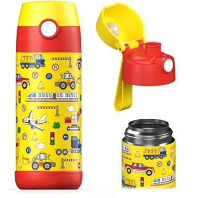 Afbeelding van Jarlson® Mali Drinkfles voor kinderen, roestvrij staal, BPA vrij, lekvrij, kinderfles met Chug deksel, fles school, kleuterschool, 350 ml (voertuigen, ml)