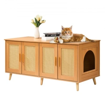 Afbeelding van VEVOR Kattenbakbehuizing voor 2 katten, kattenbakmeubels verborgen met rotan versierde deuren, houten kattenbak kast past op de meeste kattenbakken, 100 cm L x 49 B 50 H, natuurlijk