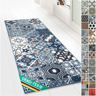 Afbeelding van Newport tapijtloper met patroon, op maat gemaakte fijn weefsel voor keuken, hal en woonkamer, vintage ornament, oosters rooster (80 x 350 cm)