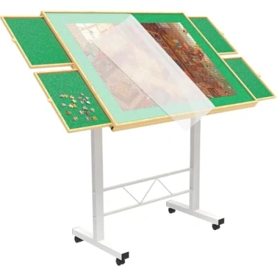 Afbeelding van puzzeltafel met 1500 stukjes, in hoogte verstelbare puzzelplank deksel en 4 laden, voor volwassenen, poten puzzelaars
