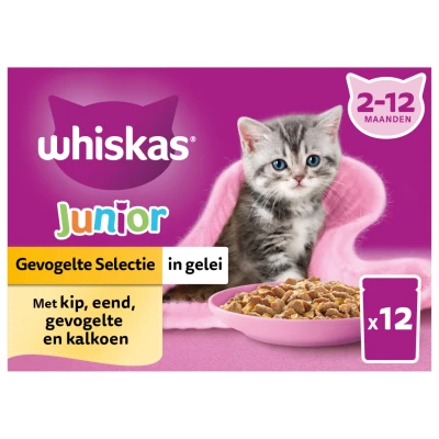 Afbeelding van Whiskas Junior Selectie In Gelei Maaltijdzakjes Multipack Kattenvoer Kip Eend Kalkoen 12x85 g
