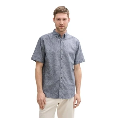 Afbeelding van TOM Tailor Printed Overhemd, Heren, Maat: Medium, Navy chambray dot design