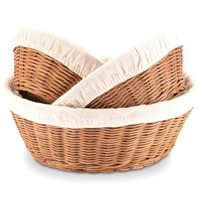 Afbeelding van Decorasian Broodmand, gevlochten van rotan, ronde broodmandjes, set 3, met linnen doek, broodmanden, klein en groot