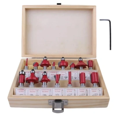 Afbeelding van 15 delige professionele freesset: YIDM frees voor bovenfrees, 8 mm schacht, bovenfreesset, houtbewerkingsgereedschap met moersleutel, accessoires hout opbergkoffer