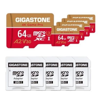 Afbeelding van Gigastone Geheugenkaart, 64 GB, 5 stuks, 4K Game Pro, compatibel met GoPro Switch, snelheid 95 MB/s. A2 U3 V30 Micro SDXC kaart SD adapter.