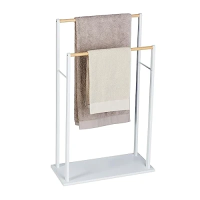Afbeelding van Relaxdays handdoekenrek vrijstaand 2 stangen wit handdoekhouder badkamer kleding
