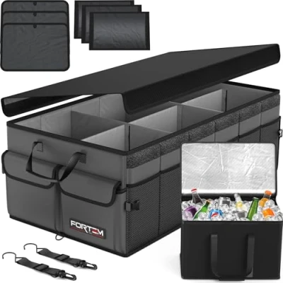 Afbeelding van FORTEM Auto Organizer, Kofferbak Organizer met Koeler, Opvouwbare Compartimenten, Antislip Bodem, Verstelbare Bevestigingsriempjes, Opvouwbaar Deksel (Grijs, X Large)