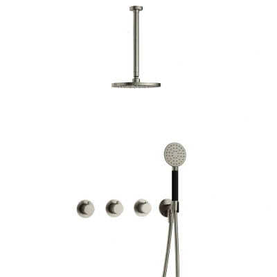 Afbeelding van Hotbath Cobber Regendoucheset IBS70 Geborsteld Nikkel Ronde handdouche 20cm Hoofddouche 30cm Plafondbuis Handouche met wandhouder