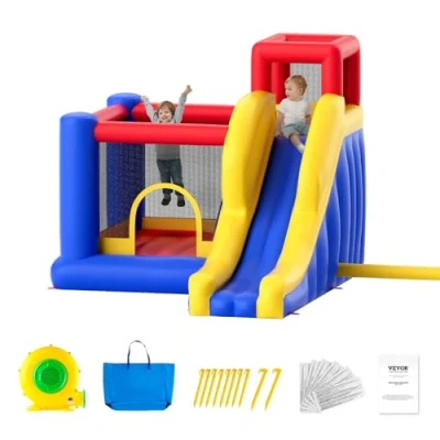 Afbeelding van VEVOR Opblaasbaar springkasteel, hoogwaardige buitenspeelhuis trampoline, springkasteel met ventilator, glijbaan en opbergtas, 340 x 260 230 cm voor familietuin