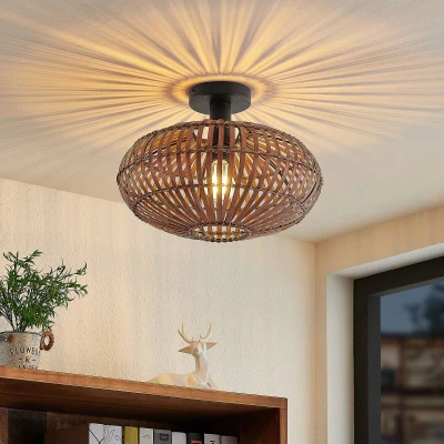 Afbeelding van Lindby plafondlamp hout 1licht bamboe, staal H: 27.5 cm E27 donkerbruin, zwart