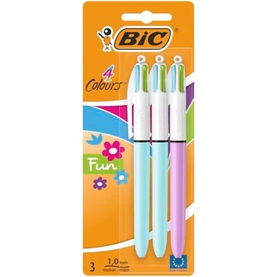 Afbeelding van BIC 4 Colours Fun Balpennen met Kliksysteem Medium Punt (1,0 mm) Trendy Kleuren Inkt en Lichaam, Pak van 2+1 Stuks