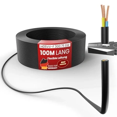 Afbeelding van Van 5 tot 100 m kunststof slang H05VV F 3G0,75; 3G1; 3G1,5 of 3G2,5, zwart, flexibele kabel, apparaatkabel (H05VV 3G0,75 SW, m)