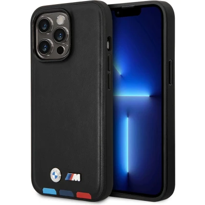 Afbeelding van BMW M Line Tricolor Stamp Leather Back Case (MagSafe Compatible) Geschikt voor Apple iPhone 14 Pro (6.1&quot;) Zwart
