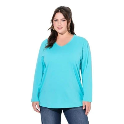 Afbeelding van Ulla Popken Basic V Longsleeve, Dames, Maat: 54/56, Deep aqua