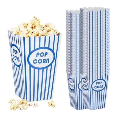 Afbeelding van Relaxdays popcorn bakjes, set van 48, herbruikbare zakjes, karton, gestreept, cinéma, film, blauw wit