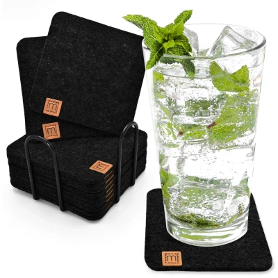 Afbeelding van Miqio® Onderzetters, vilt, design, vierkant, duurzaam, Oekotex, voor glazen, kaarsen, kopjes, bar, tafeldecoratie, set van 12 stuks met houder, zwart