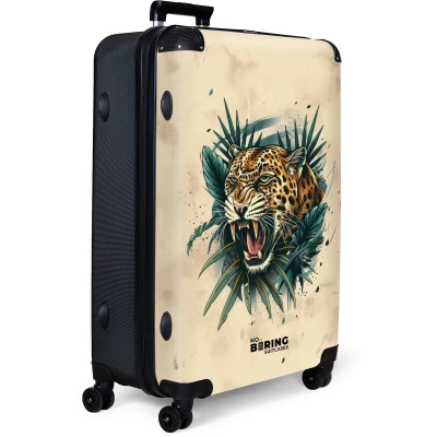 Afbeelding van NoBoringSuitcases.com® Koffer groot Reiskoffer lichtgewicht Beige met jaguar Rolkoffer 4 wielen Grote trolley XL 98 liter bagage