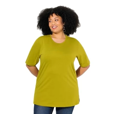 Afbeelding van Ulla Popken Dames grote maten plus size T shirt, ronde hals, relaxed, halve mouwen, olijf, 50/52 NL