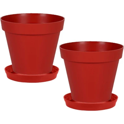 Afbeelding van Set van 2x stuks bloempotten Toscane kunststof rood D20 x H17 cm inclusief onderschalen D15 Plantenpotten