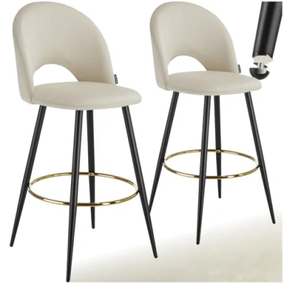 Afbeelding van tectake® Set van 2 Barkrukken Sachel Gestoffeerde Barkruk met rugleuning Barstoelen Ergonomische Barstoel voetensteun Eetkamerstoel fluweellook bekleding Stevige stalen poten antislip vloerbescherming Crème/Zwart