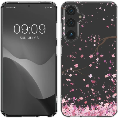 Afbeelding van kwmobile telefoonhoesje geschikt voor Samsung Galaxy S24 FE Hoesje smartphone in poederroze / donkerbruin transparant Kersenbloesembladeren design