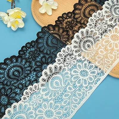Afbeelding van Yulakes 9,1 meter elastisch kanten lint decoratief voor knutselen, bruiloftsterie, bruiloftsdecoratie, 10 cm breed (zwart)